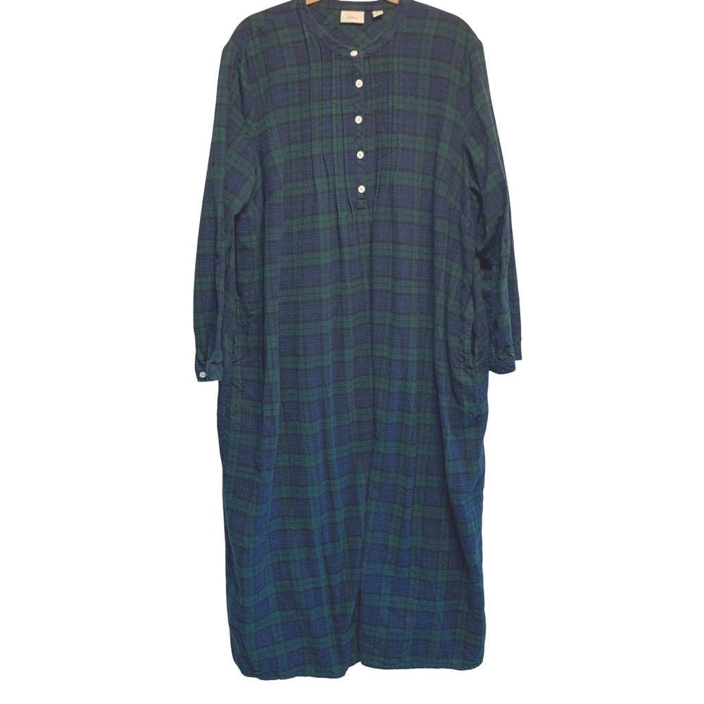 LL Bean Flannel Nightgown 2X Plus Black Watch Plaid Henley Pintuck Maxi Rustic